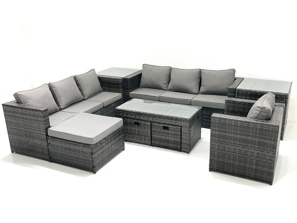 image 1 of Fimous Outdoor Garden Furniture Set 10 Seater Rattan Sofa Set with Coffee Table 3 Footstools Armchair 2 Side Tables Dark Grey Mixed