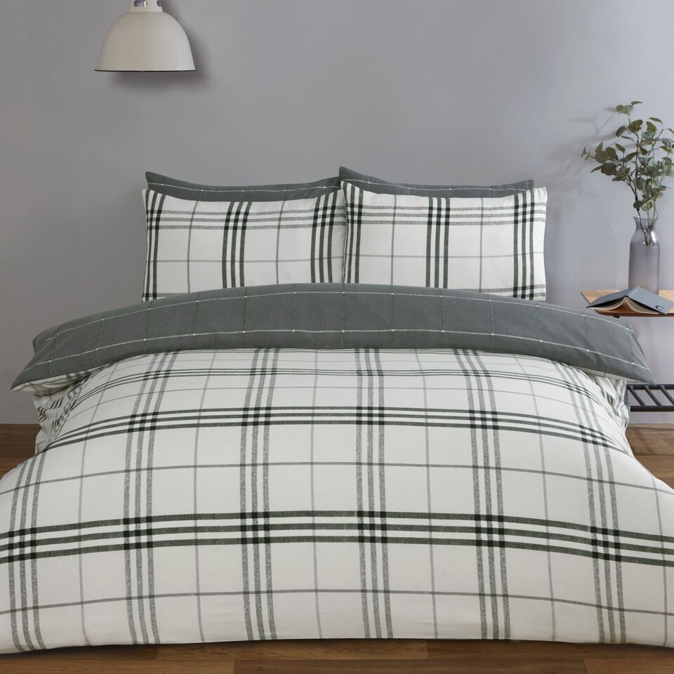 image 1 of Harris Check Polyester Duvet Cover Set with Pillowcase Grey | Double