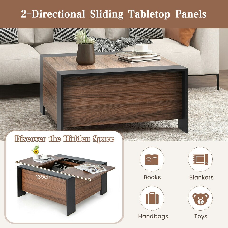image 1 of COSTWAY Coffee Table w/Sliding Top Extendable Cocktail TeaTable Brown
