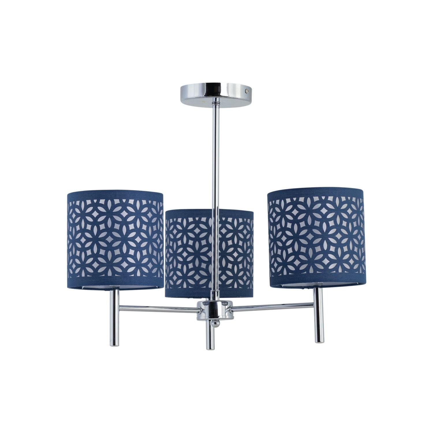 First Choice Lighting Brea - Chrome 3 Light Fitting with Navy Blue Cut Out Shades in Silver