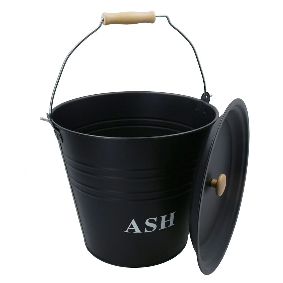 image 1 of Metal 12 Litre Cap Ash Bucket with Lid Fireplace Fireside Bin Scuttle Holder Coal