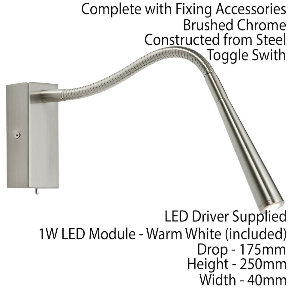 Adjustable LED Wall Light Warm White Brushed Chrome Flexible Bedside ...