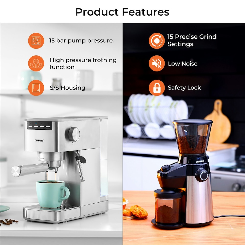 image 1 of GEEPAS 1450W Espresso & Cappuccino Coffee Machine & Conical Burr Coffee Grinder Combo Set