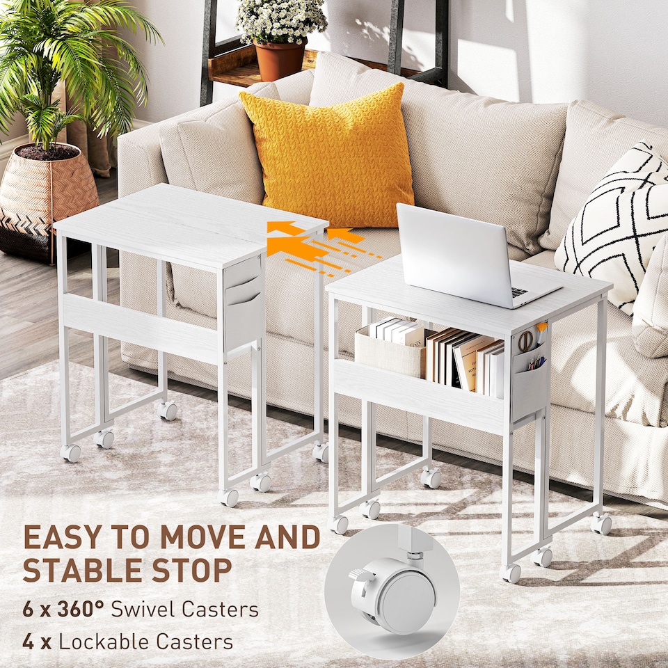 image 1 of HOMCOM Folding Desk with Storage Shelf and Bag, 63 cm Foldable Computer Desk for Small Spaces, Space Saving Writing Table on Wheels for Home Office, Bedroom, Easy Assembly, White | White