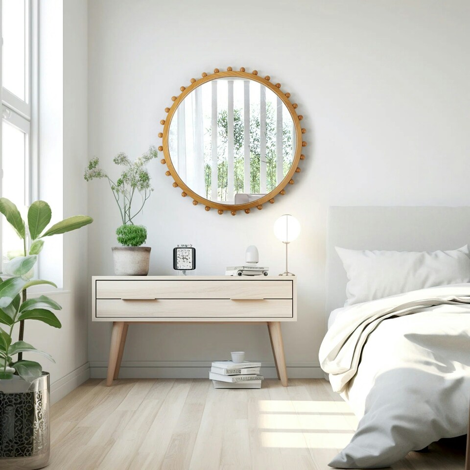 image 1 of Living and Home Pine Wood American Transitional Style Decorative Wall Mounted Mirror | Brown