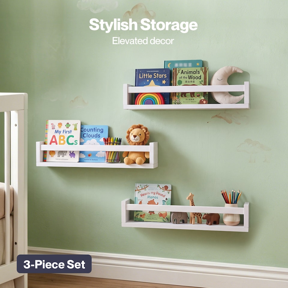image 1 of Levede Nursery Book Shelves Kids Wall Floating Shelf White Solid Wood 3 Pack