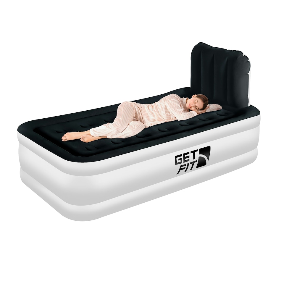 image 1 of Get Fit Air Bed With Built In Electric Pump - Premium Single Airbed - Quick Blow Up Bed With Headboard & Inflatable Pillow - Elevated Air Mattress- White/Black