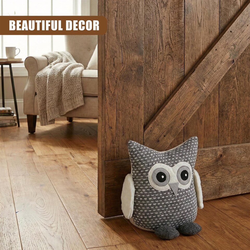 image 1 of GEEZY Novelty Owl Door Stop with Fluffy Wings, Soft Grey Decorative Stopper