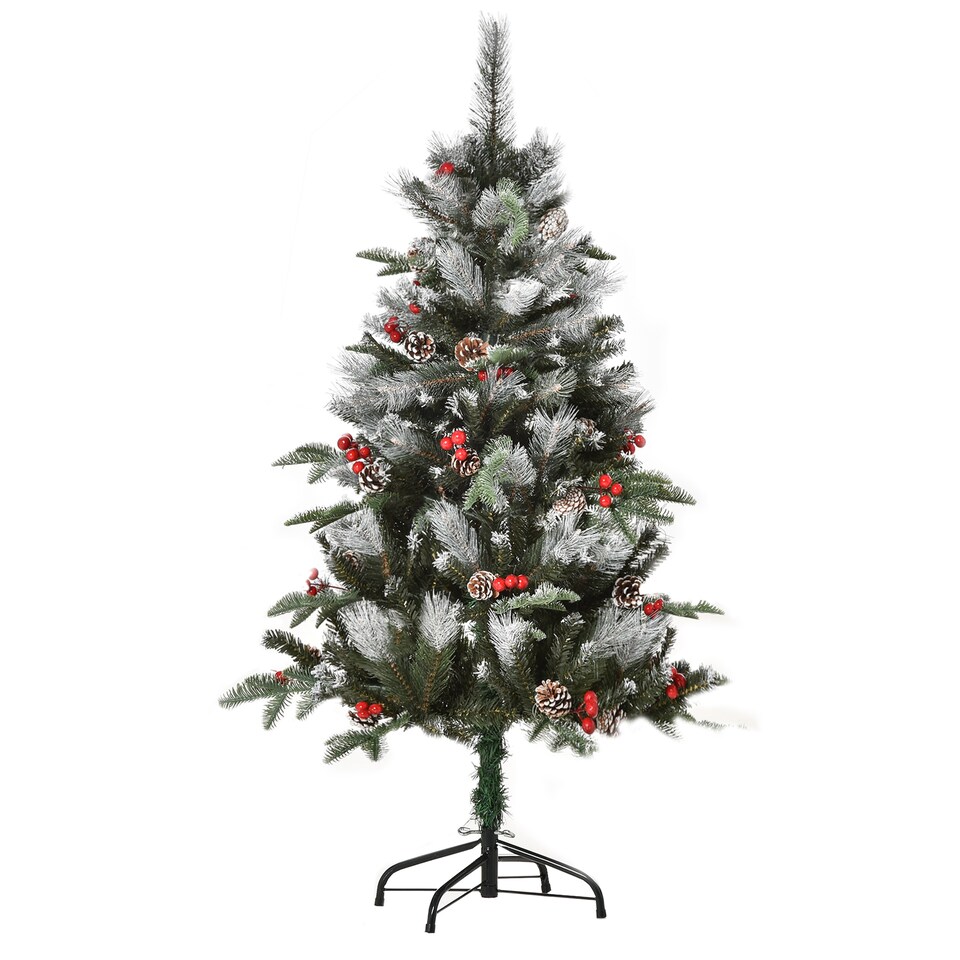image 1 of HOMCOM 4FT Artificial Snow Dipped Christmas Tree mas Pencil Tree Holiday Home Party Decoration with Foldable Feet Red Berries White Pinecones, Green