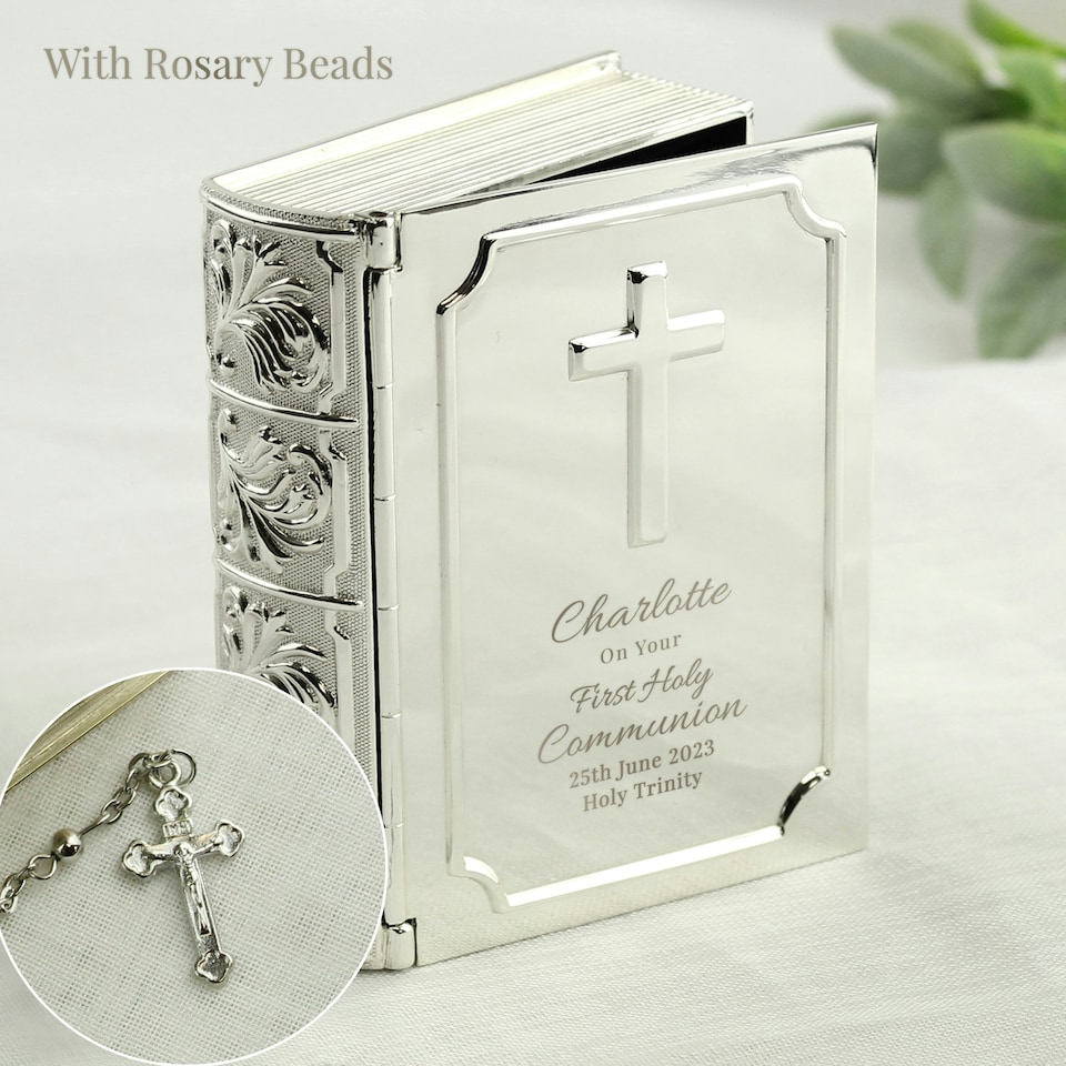 image 1 of Personalised First Holy Communion Bible Trinket Box with Rosary Beads
