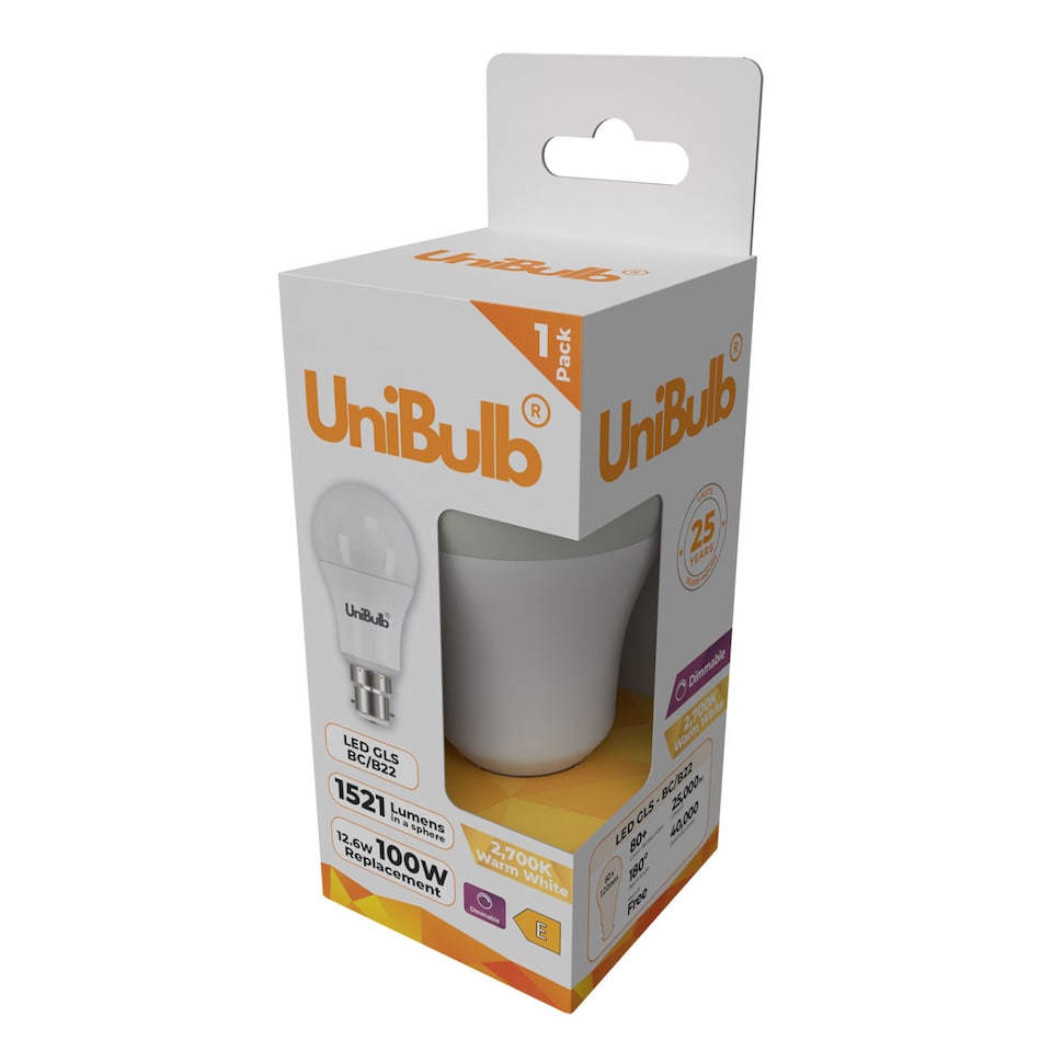 image 1 of UniBulb LED GLS B22 1521lm 12.6W 2700K (Warm White) Dimmable Light Bulb - Pack of 1 | White | Warm White | 1