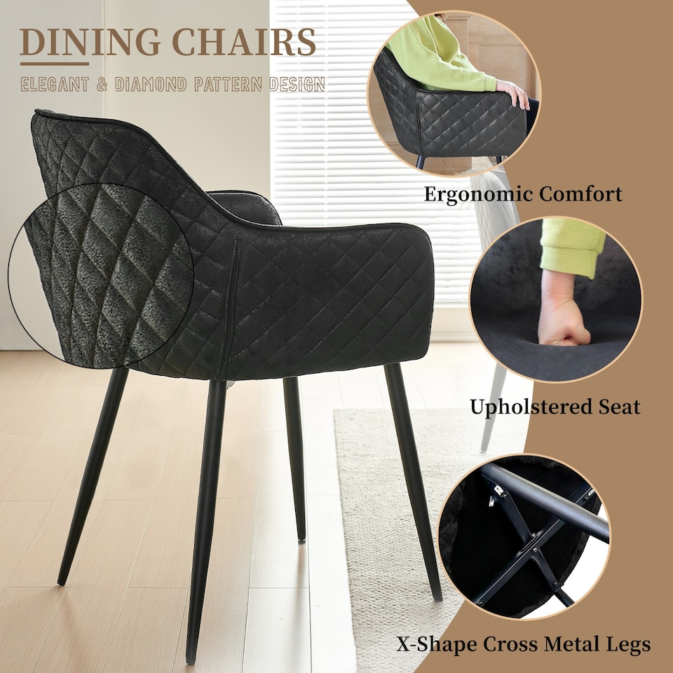 image 1 of SONARA Black Marble Round Dining Table and 4 Faux Suede Chairs Set Modern 4 Seater for Dining Room