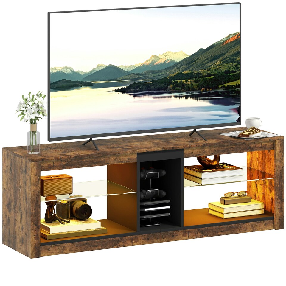 image 1 of HOMCOM TV Stand, Entertainment Centre with LED Lights, Rustic Brown | Brown | 1