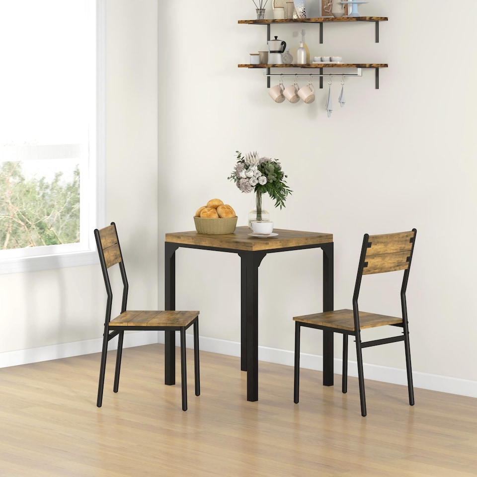 image 1 of HOMCOM 3 Pieces Compact Dining Table 2 Chairs Set Wooden Metal Legs Bistro Cafe Kitchen Breakfast Bar Home Furniture, Rustic Brown | Brown
