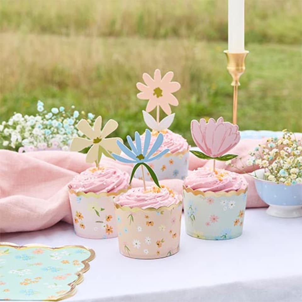 image 1 of Assorted Pastel Floral Tea Party Food Cake Picks & Cupcake Cups Kit - Pack of 12
