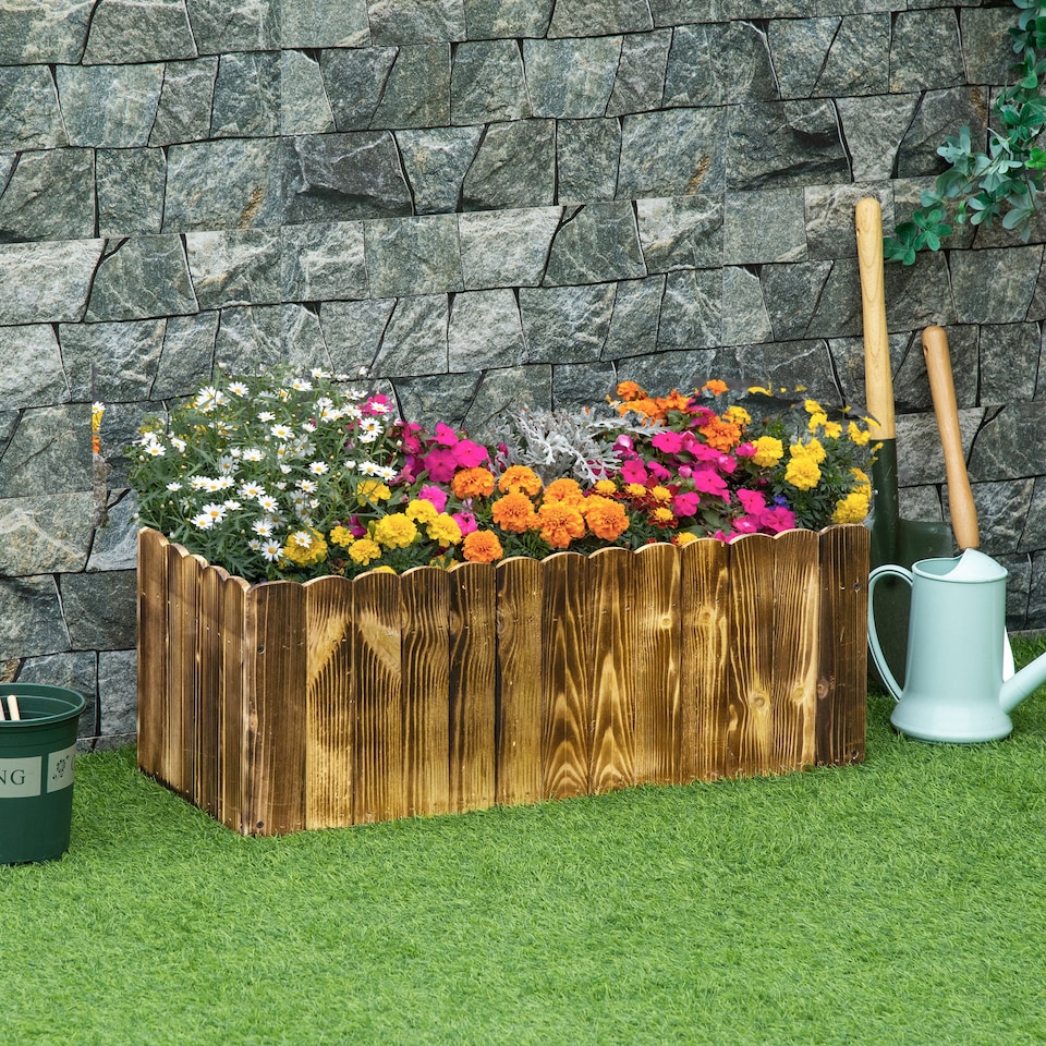 image 1 of Outsunny 70L Wooden Rectangle Garden Flower Raised Bed Pot 80L x 33W x 30H cm | Brown | Natural wood colour