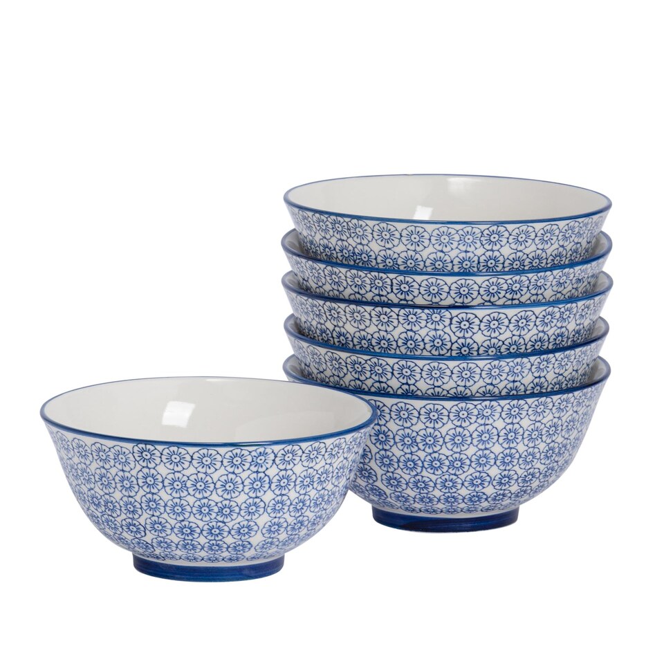 image 1 of Nicola Spring Hand-Printed Cereal Bowls - 16cm - Navy - Pack of 6 | Blue | Blue