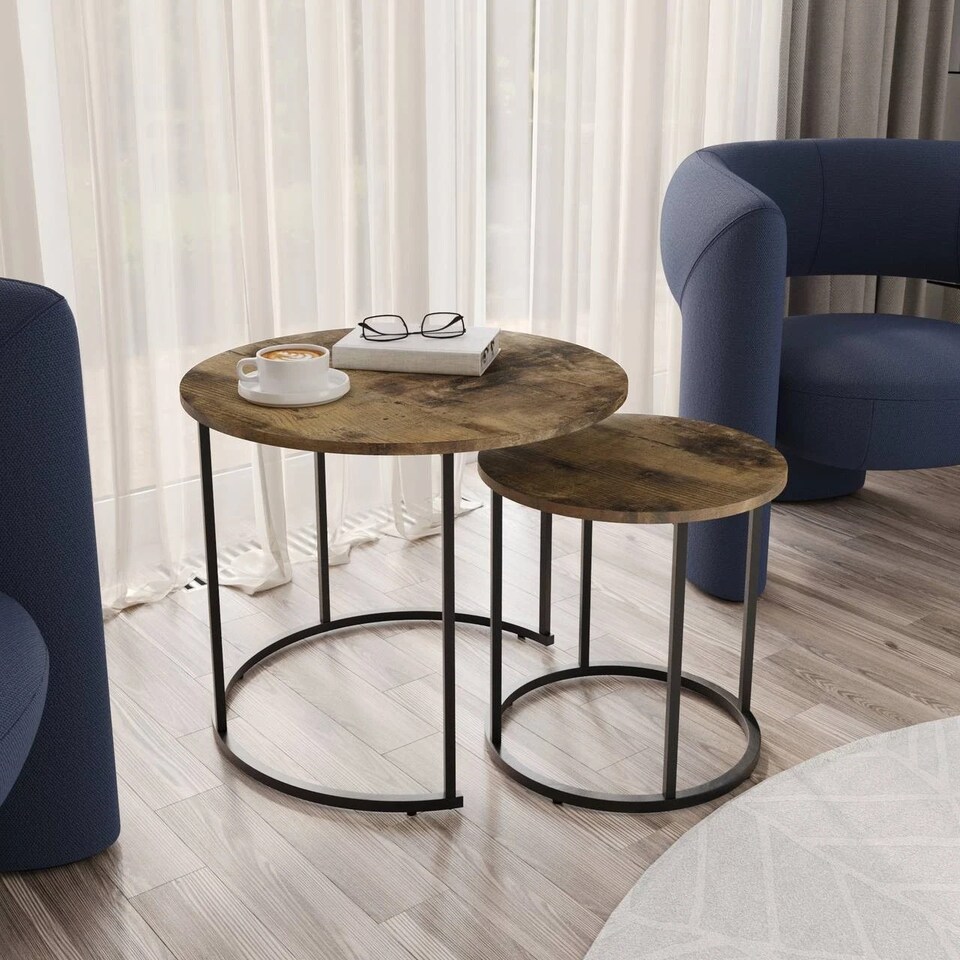 image 1 of Set of 2 Nesting Tables Industrial Round Side Tables with Steel Frame Stacking | Black | Wild Oak | 1