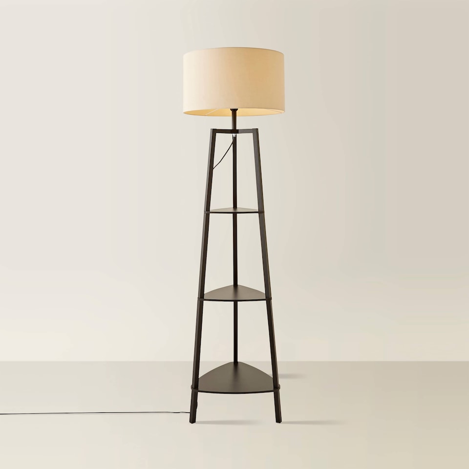 image 1 of ValueLights Hiru Black 3 Tier Shelf Floor Lamp Natural Shade | Cream