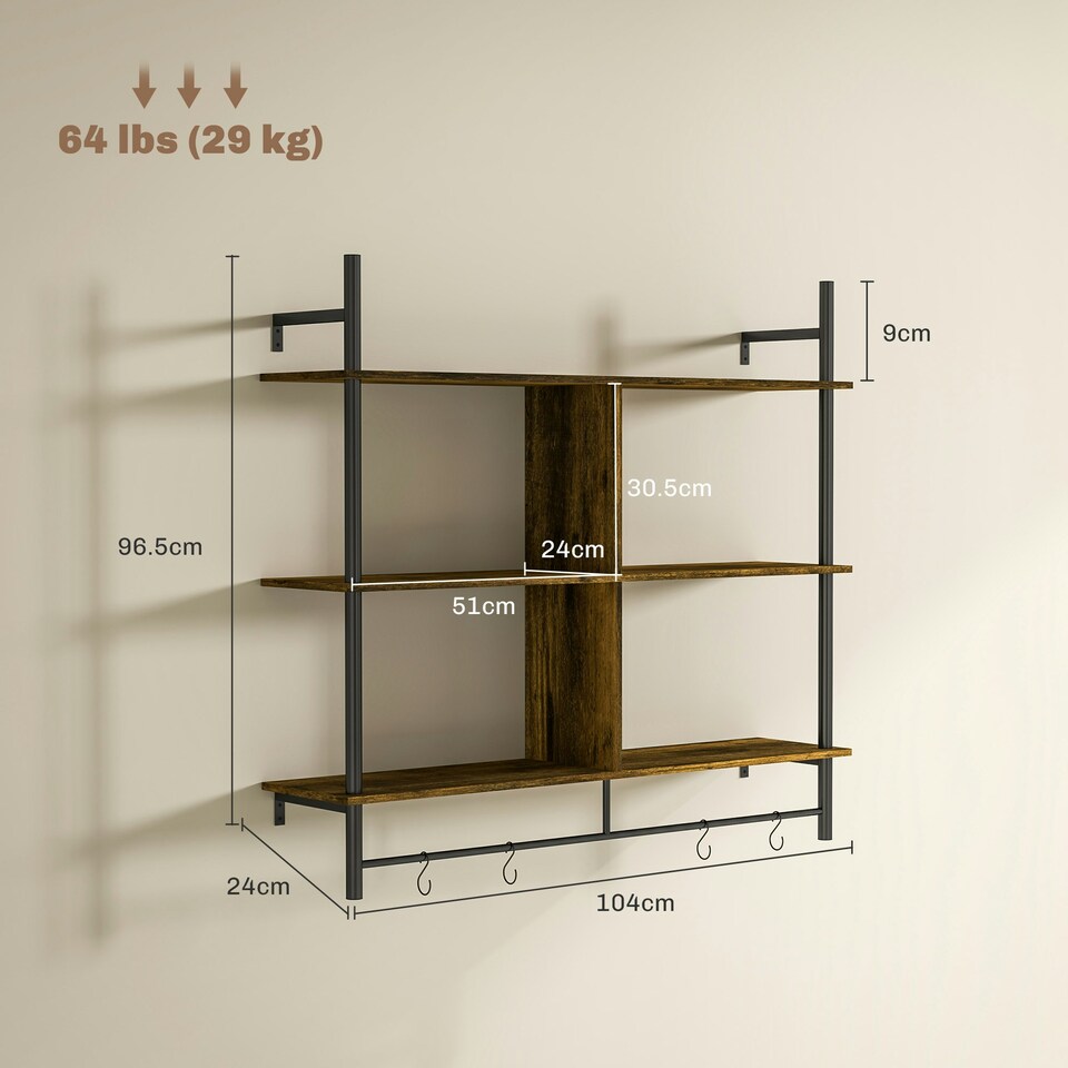 image 1 of HOMCOM Wall Shelf Unit with 4 Hooks for Living Room Rustic Brown