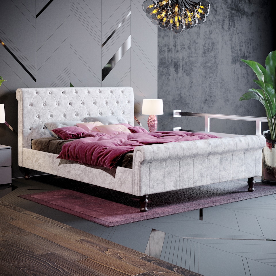 image 1 of Vida Designs Violetta 5ft King Size Bed Fabric Upholstered, Crushed Velvet Silver, 150 x 200cm