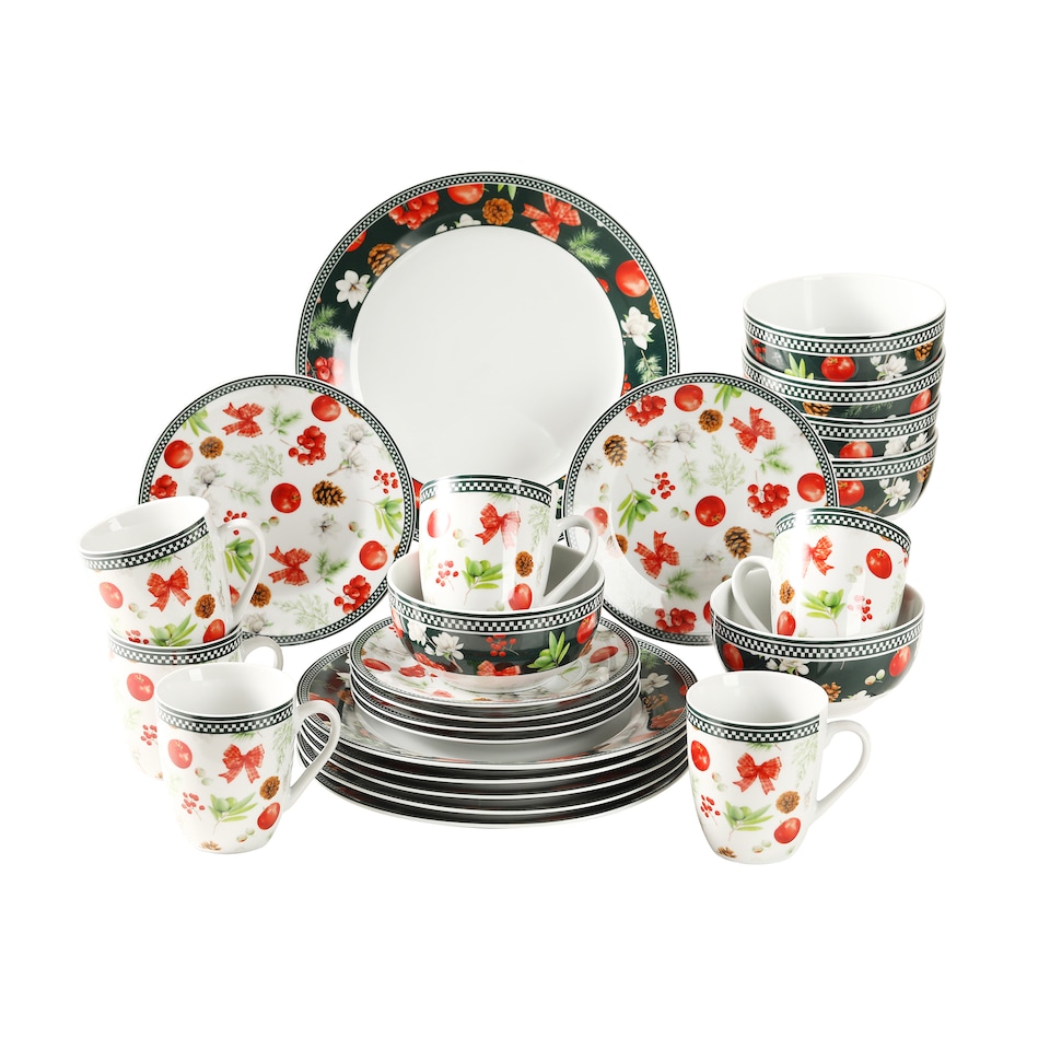 image 1 of simpa 24PC Christmas Flora Orchard Ceramic Dinner Set.