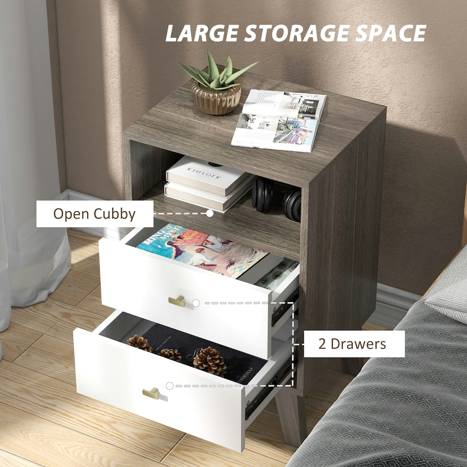 image 1 of HOMCOM Bedside Tables Set of 2, Modern Nightstand with 2 Drawers and Open Cubby
