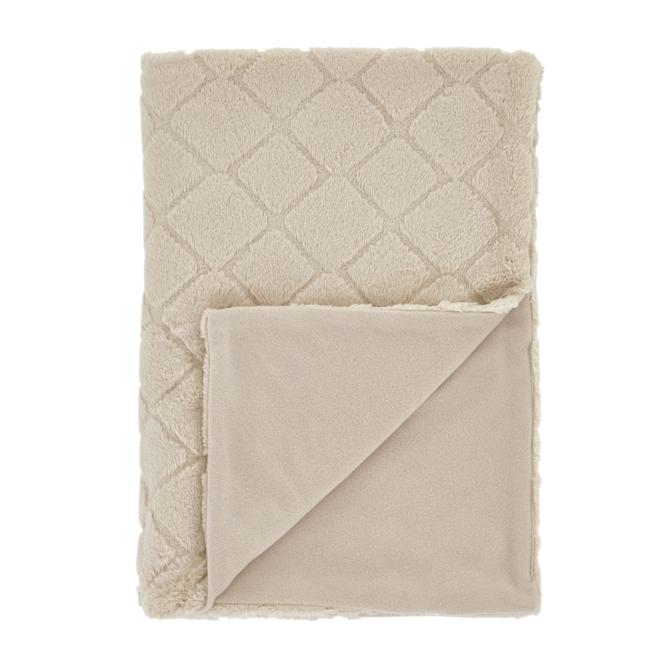 image 1 of Catherine Lansfield Cosy Diamond Faux Fur Soft Blanket Throw | Cream | Natural