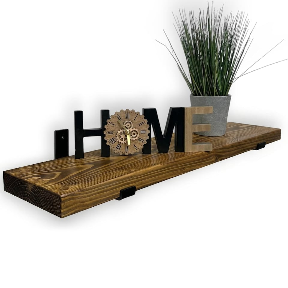 image 1 of MKGT Handmade Tudor Oak Floating Wall Shelf with Steel Brackets, Solid Wood, 60 x 22 x 4.5 cm