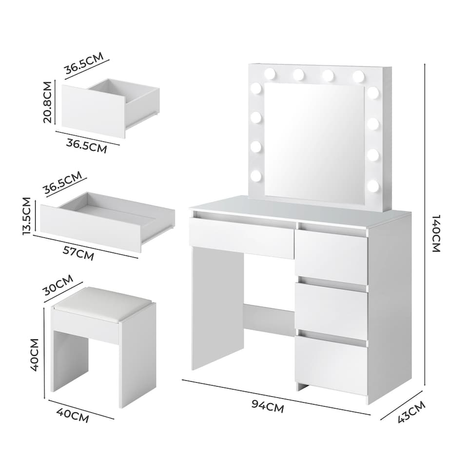 image 1 of Levede Dressing Table Vanity Set Stool Makeup LEDs Mirror Jewellery Organizer | White