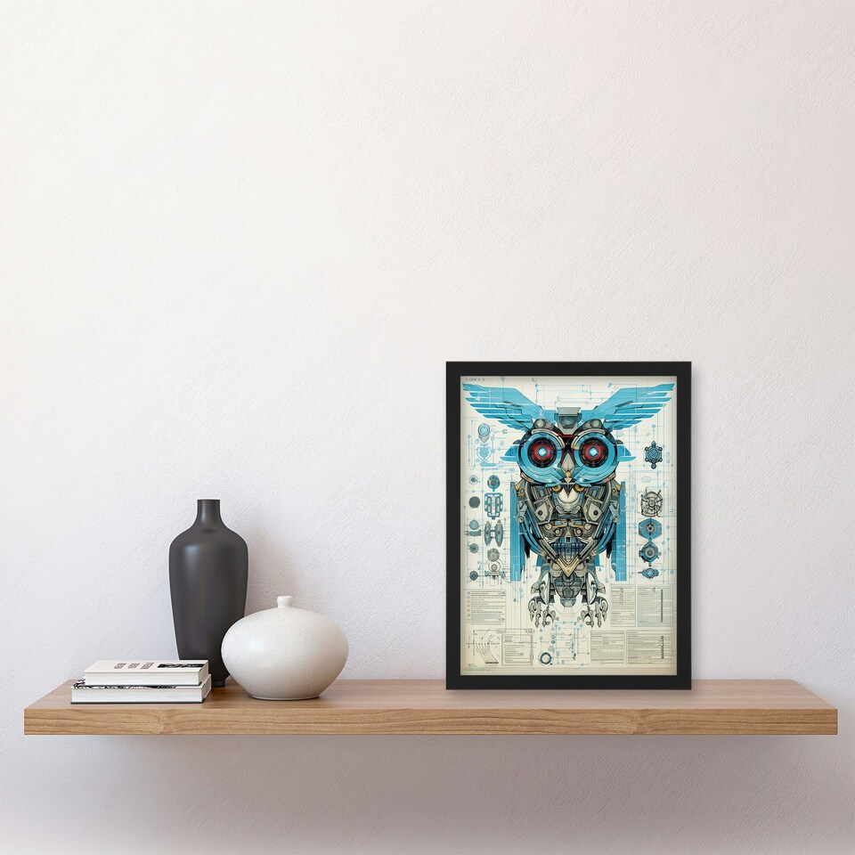 image 1 of Owl Robot Blueprint Sci-Fi Diagram Engineering Black Framed Wall Art Print A4