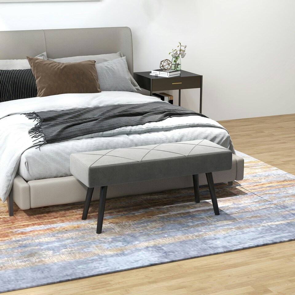 image 1 of HOMCOM End of Bed Bench, Upholstered Hallway Bedroom with Steel Legs, Grey