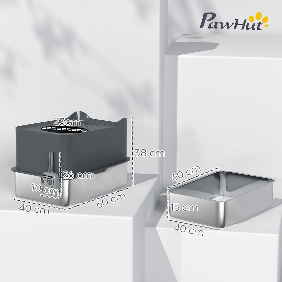 image 1 of PawHut Stainless Steel Cat Litter Box, Enclosed Metal Litter Tray, Dark Grey Grey | One Size