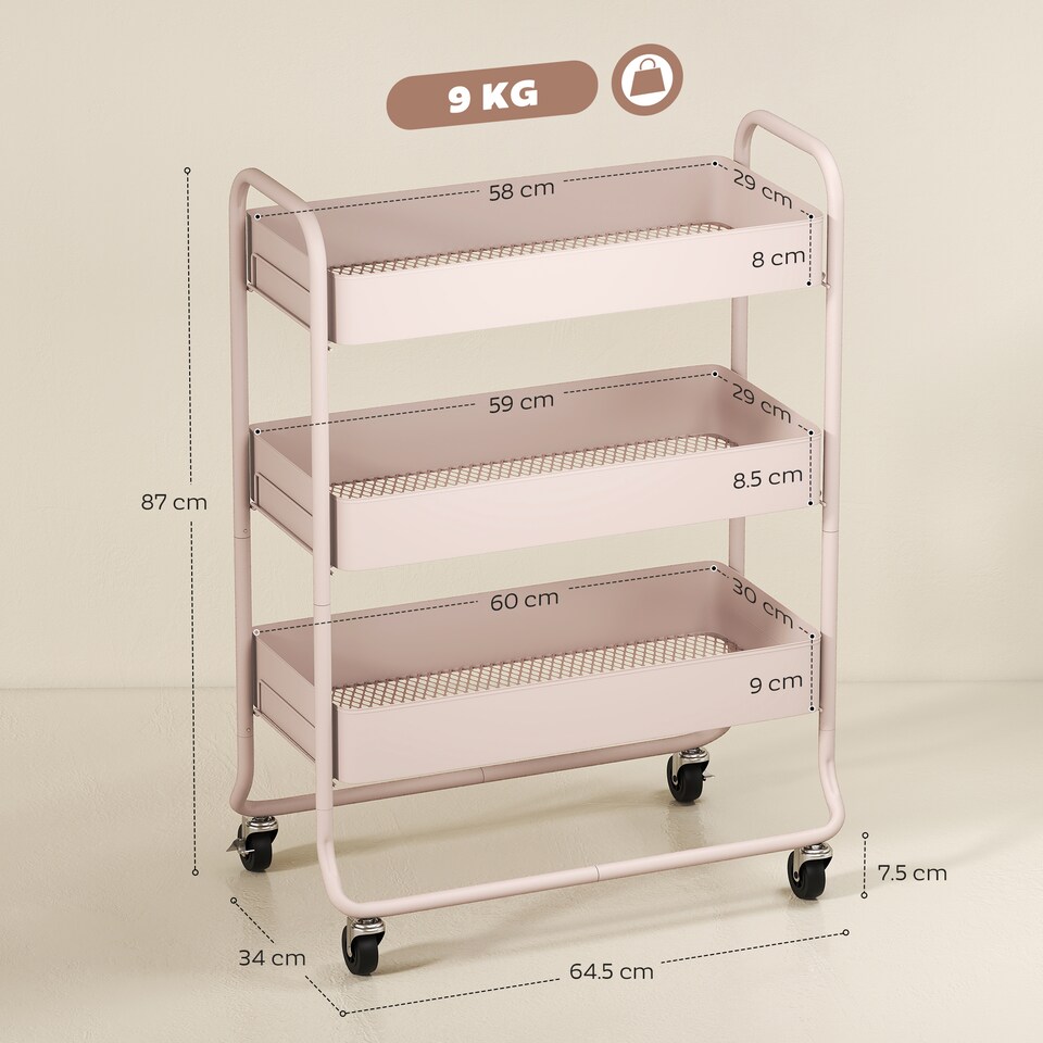 image 1 of HOMCOM 3-Tier Storage Trolley on Wheels, Rolling Utility Cart with Mesh Backets, Mobile Storage Cart for Kitchen, Bathroom, Bedroom, Light Pink | Pink | Pink
