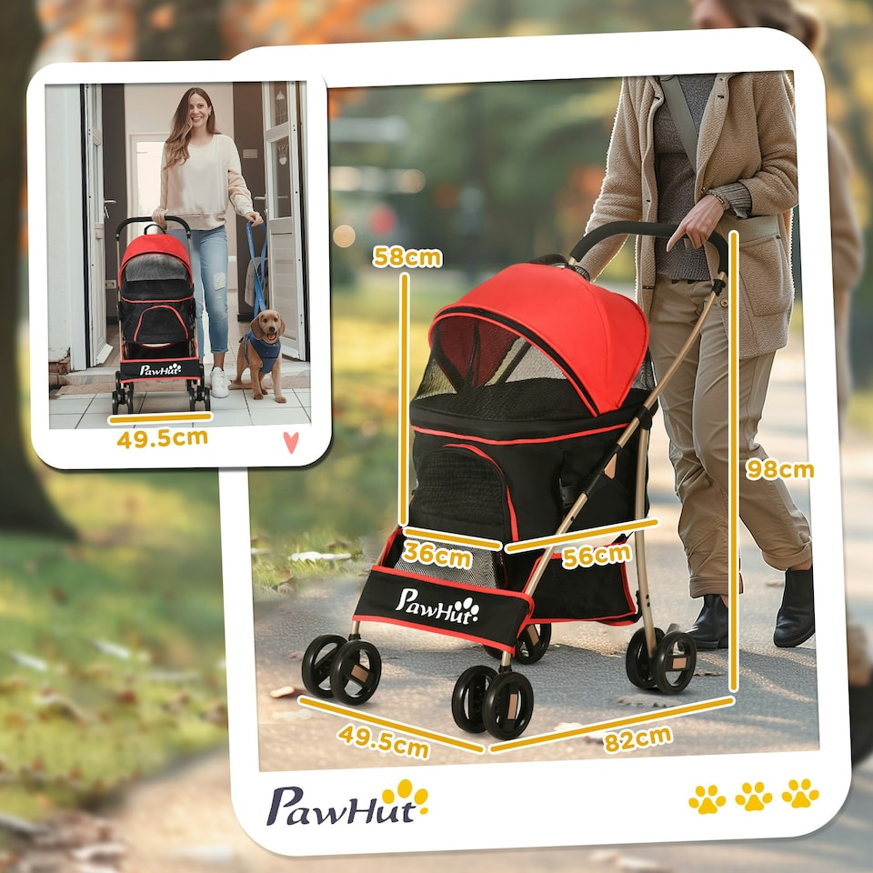 image 1 of PawHut 3 In 1 Pet Stroller, Detachable Dog Cat Travel Carriage - Red