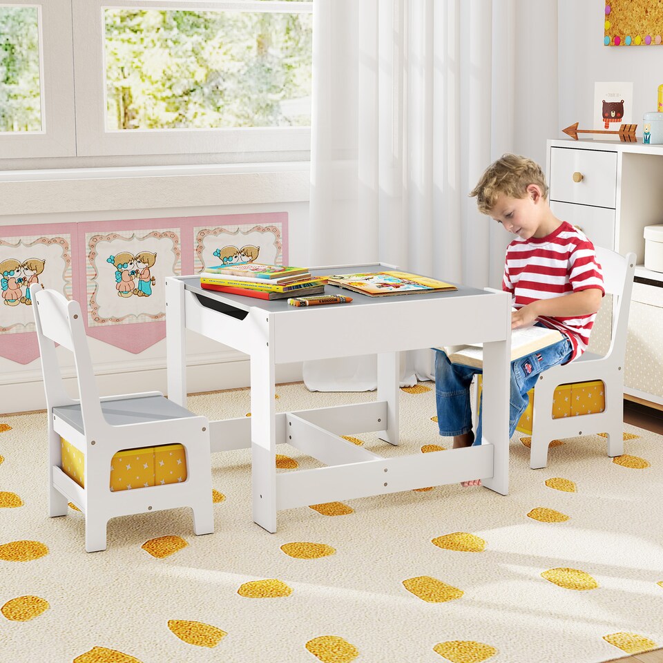 image 1 of COSTWAY Kids Table Chair Set with Double Storage Box Yellow