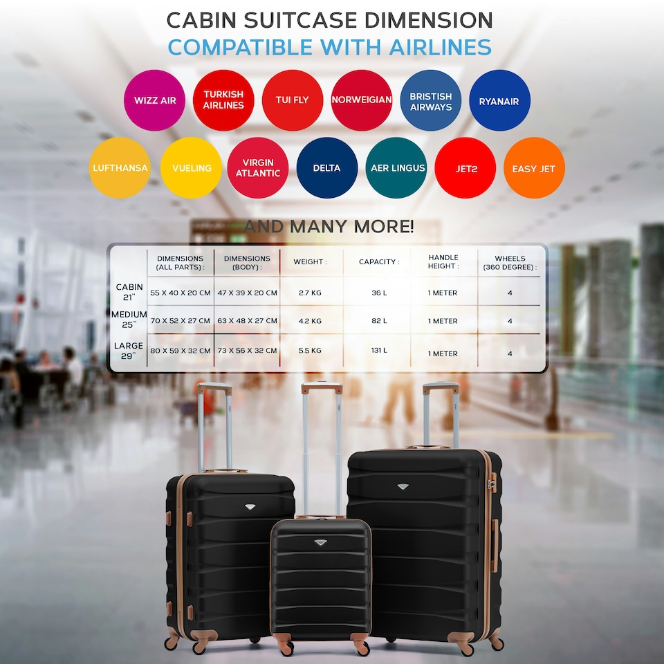 image 1 of Flight Knight Suitcase Set, Large Suitcase, Extra Large Suitcase, Cabin Suitcase 55x40x20cm - 60+ Airlines Approved - EasyJet, Jet2, Ryanair Priority Carry On | Black | Black/Tan | Large