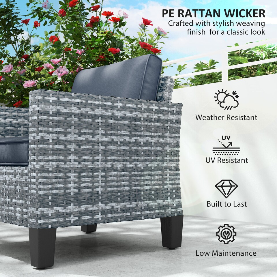 image 1 of Outsunny Single Seater Rattan Garden Armchair, PE Wicker Rattan Chair with Armrests and Cushions, Garden Chair with Galvanised Steel Frame for Conservatory, Porch, Light Grey | Grey | One Size