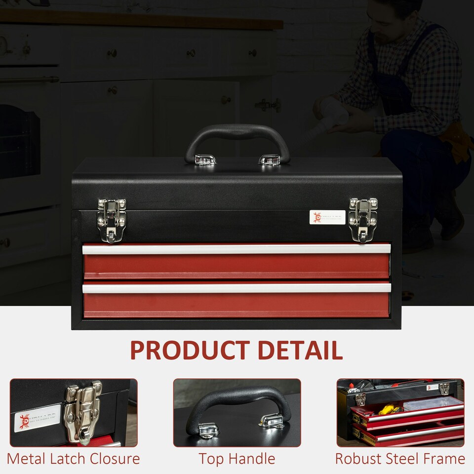 image 1 of DURHAND Lockable 2 Drawer Tool Chest with Ball Bearing Slide Drawers Black Black | Red
