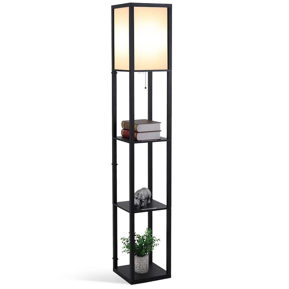 image 1 of HOMCOM Floor Lamp with Shelves and Top Light, Modern Corner Standing Lamp with TC Fabric Lampshade for Living Room, Bedroom, Bulb not Included, Black