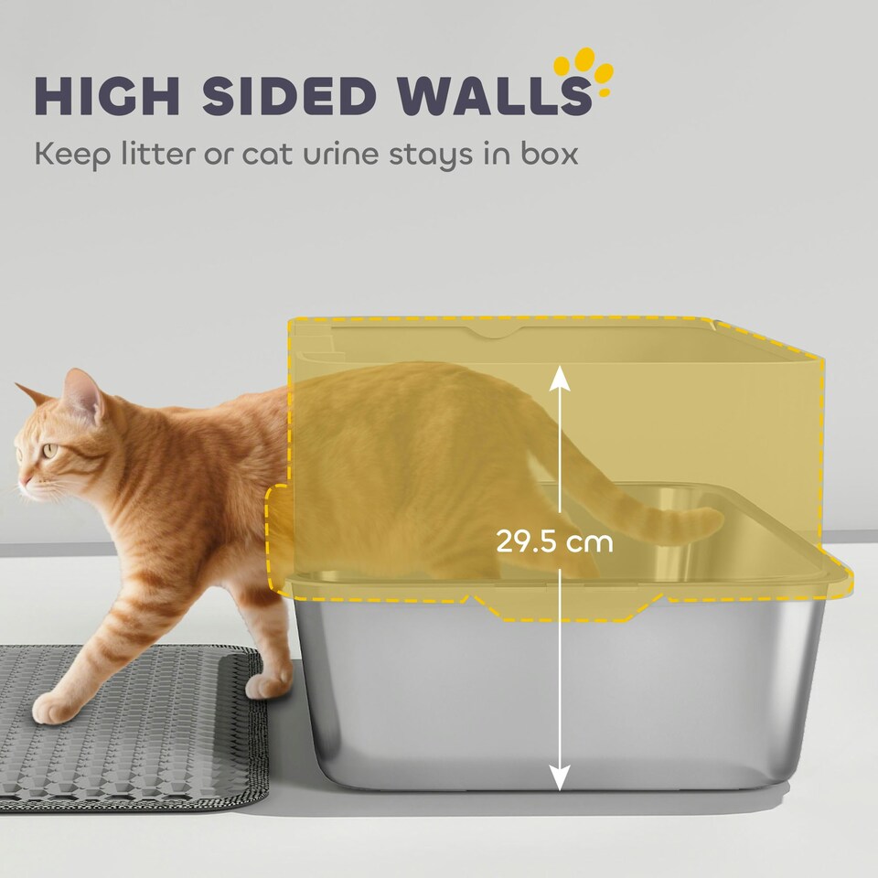 image 1 of PawHut Stainless Steel Litter Box with Scoop, High Sided Cat Litter Tray Grey | One Size