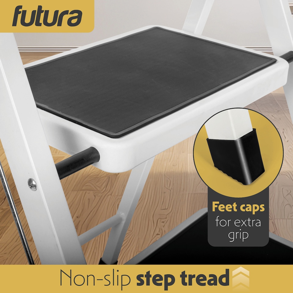 image 1 of Futura 2 Step Ladder White, Heavy-Duty Steel Folding Home DIY Step Stool with Wide Non-Slip Steps & Anti Slip Feet 150kg Capacity