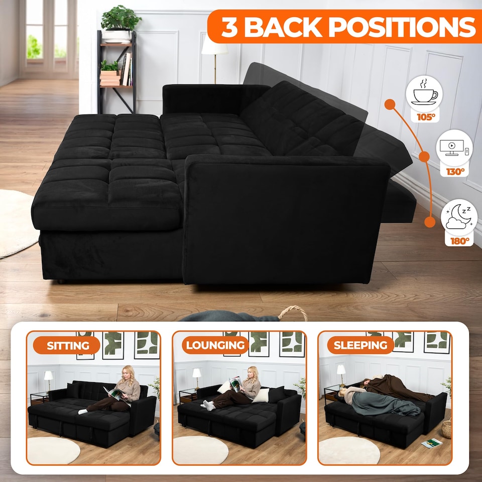 image 1 of Bargainia Milo 3 Seater Velvet Corner Sofa Bed Living Room
