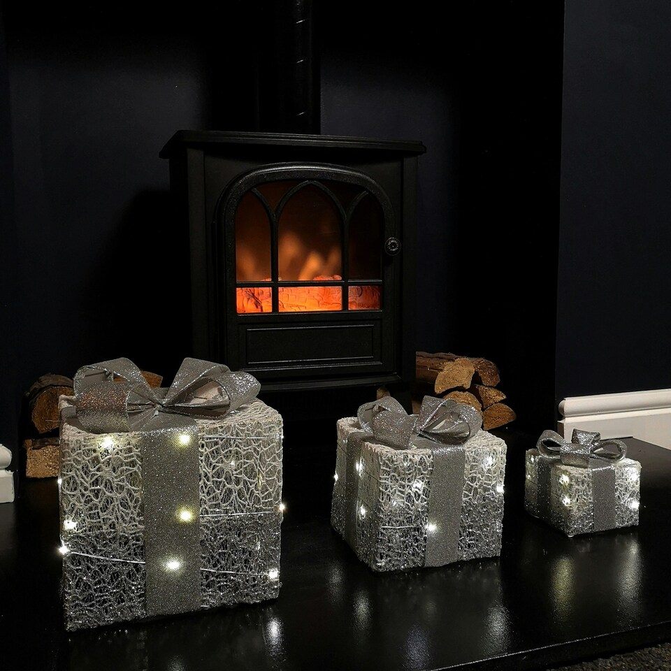 image 1 of Set of 3 Battery Operated Silver Sparkly Christmas Gift Boxes with LEDs