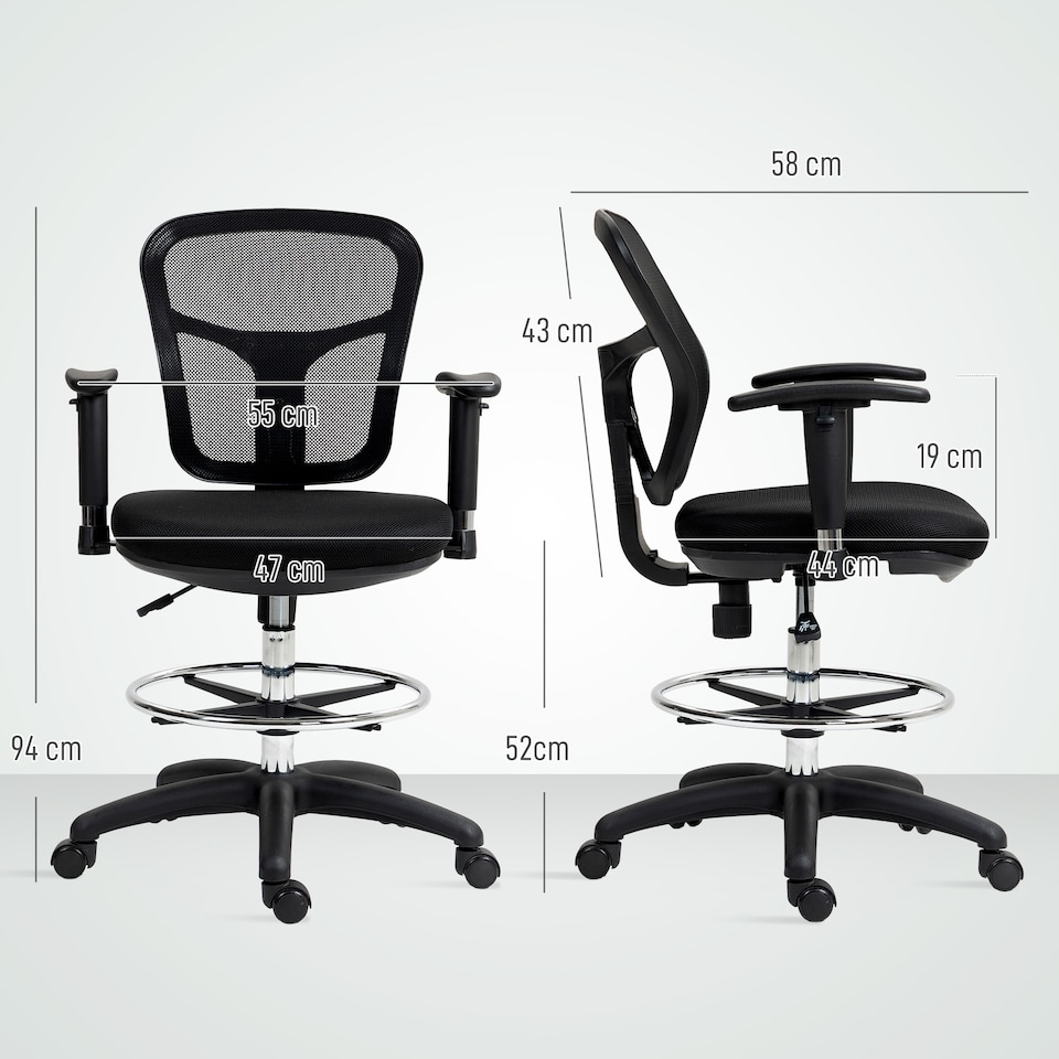 image 1 of HOMCOM Drafting Chair with Adjustable Armrests, Ergonomic Mesh Office Chair with Lumbar Support, Adjustable Height and Footrest for Standing Desk, Black | Black