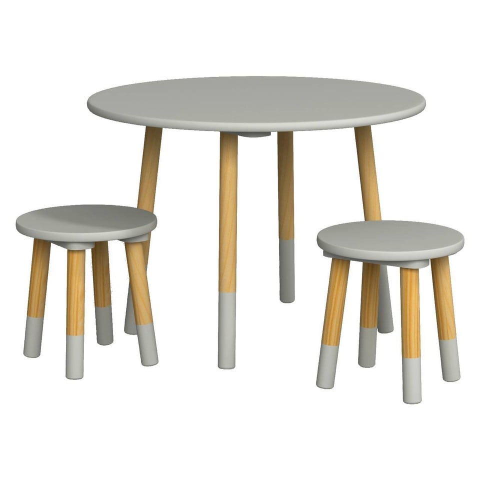 image 1 of Kids Wooden Round Table & Chair Set Toddlers Small Children Home Nursery Play | Multi | grey table with 2 chairs | 3