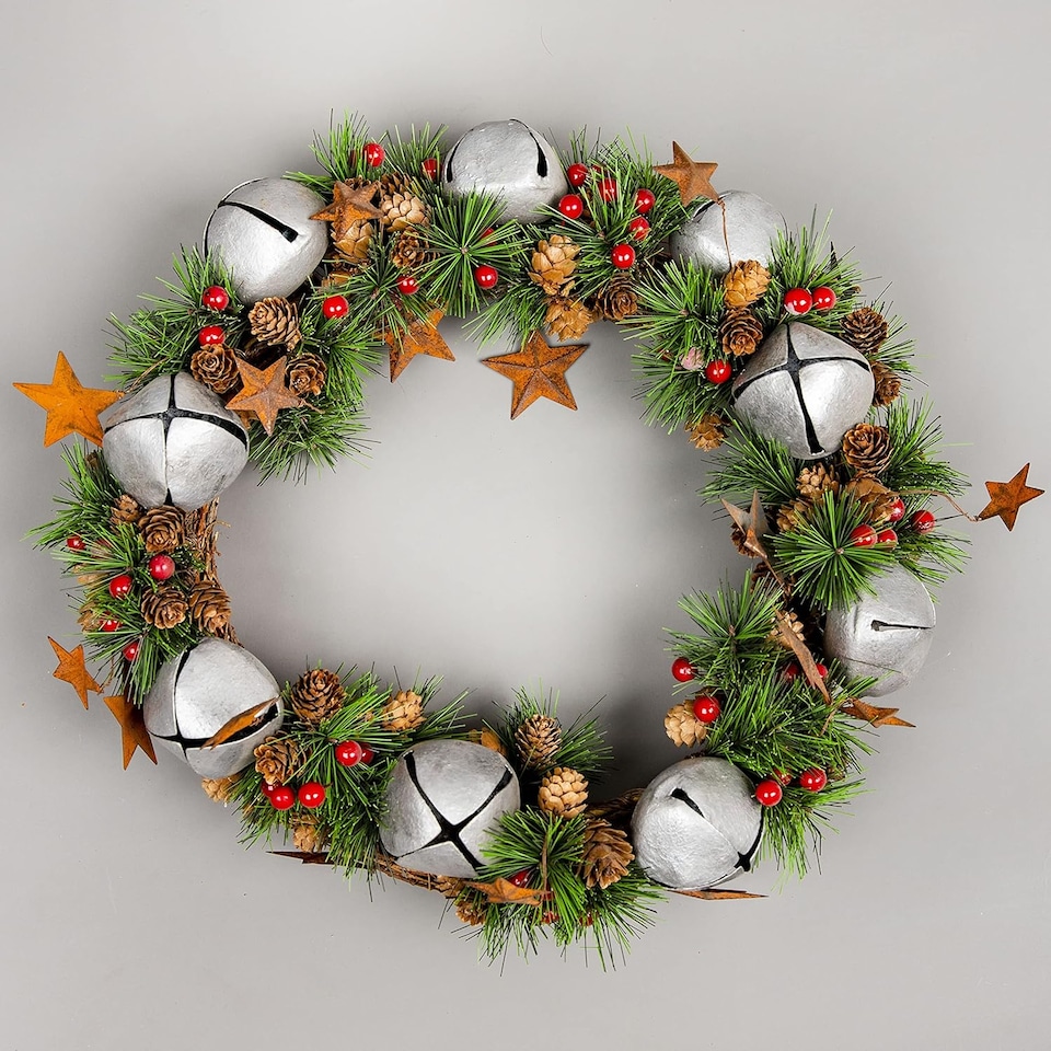 image 1 of 25cm Bells Stars and Pine Green Christmas Wreath