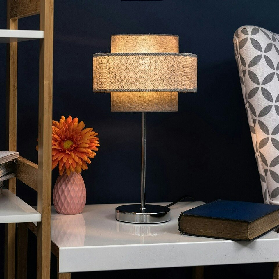 image 1 of ValueLights Weaver Chrome Touch Table Lamp Dark & Light Grey Shade & Bulb Multi