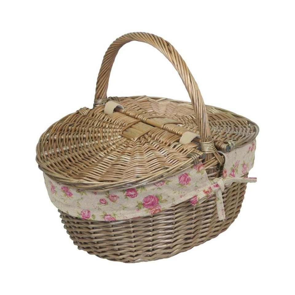 image 1 of Antique Wash Finish Oval Lined Picnic Basket Blue | Navy Blue | One Size