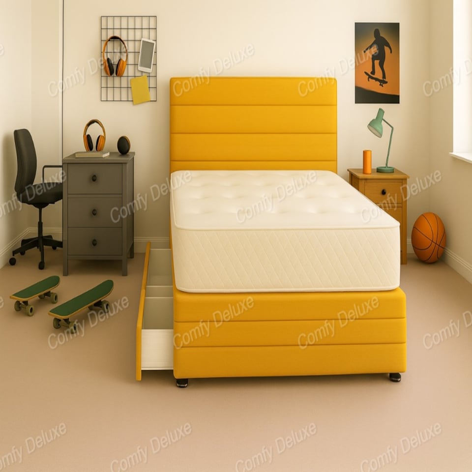 Mustard Jin Plush Lined 5ft Kingsize Divan Bed Set Headboard & Footboard - 2 Drawers Left Side Laying in Bed